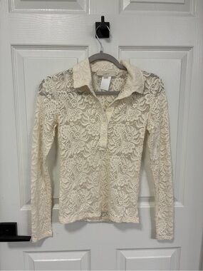 LOFT Cream Lace Button-Front Collared Blouse